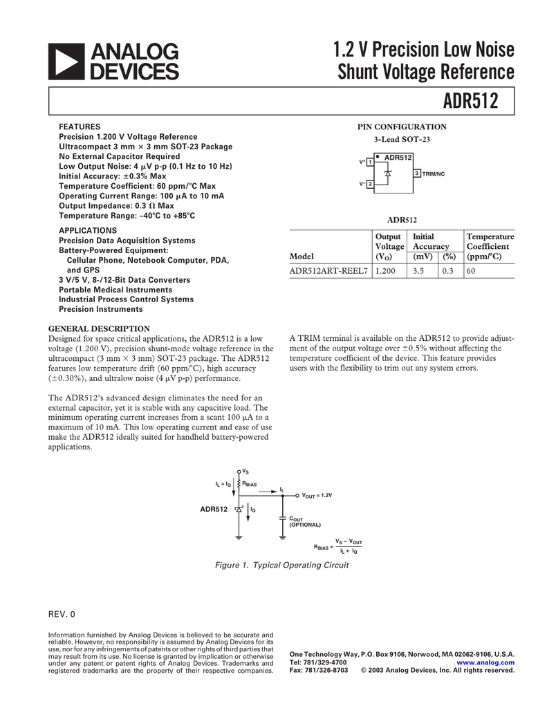 ADR512 1.2 V Precision Low Noise Shunt Voltage Reference Data