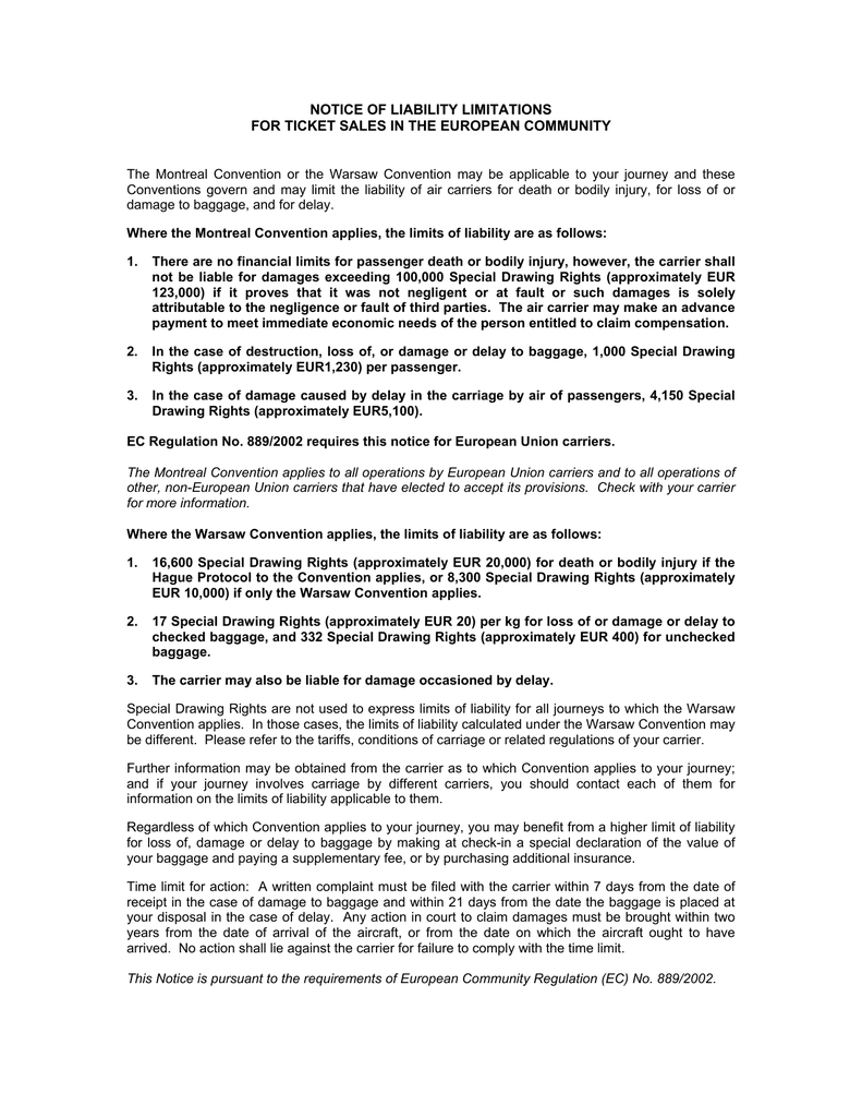 notice of liability limitations for ticket sales in the european community