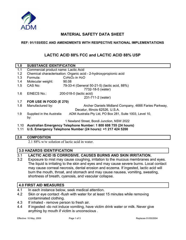 MATERIAL SAFETY DATA SHEET LACTIC ACID 88 FCC and