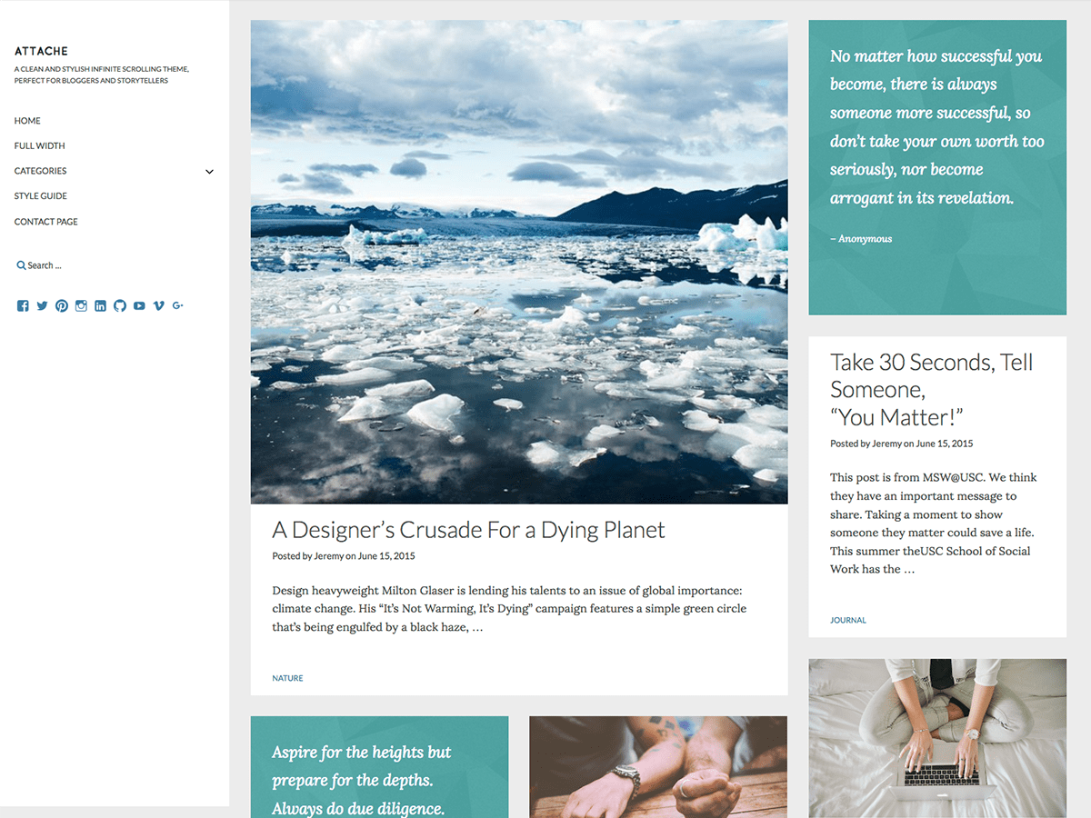 A clean and stylish infinite scrolling theme, perfect for bloggers and storytellers.