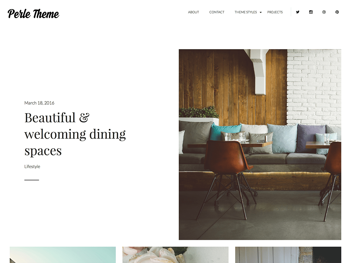 With a name that suggests beauty and refinement, Perle gives your site a perfectly polished look. Simple to setup, this theme lets you display three featured posts as well as your latest four portfolio items right on the homepage. Perle is the perfect theme for anyone wanting to display portrait images using a magazine design.