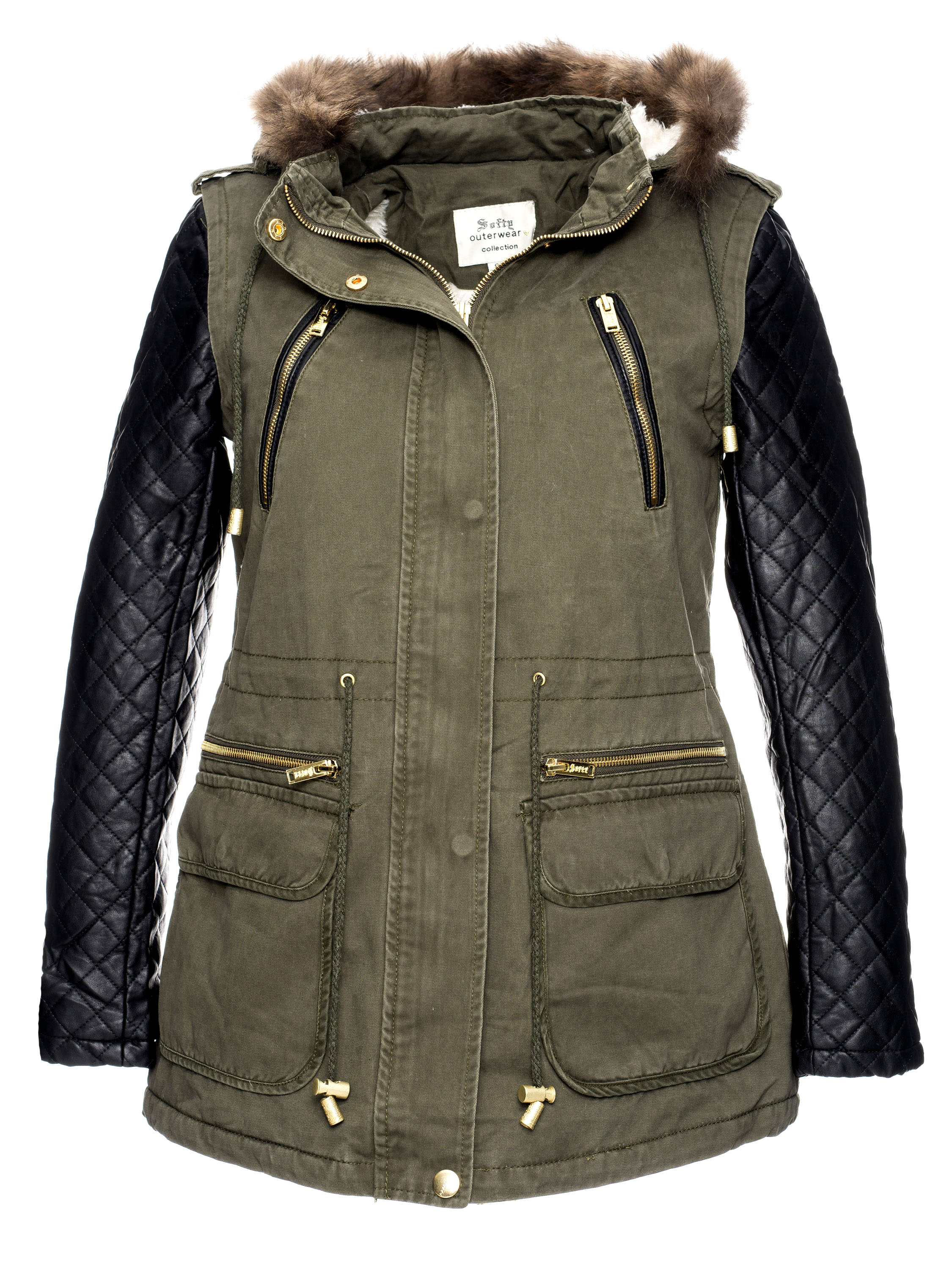 DAMEN BLOGGER KUNSTLEDER ÄRMEL MANTEL PARKA JACKE PELZKAPUZE WINTER INNENFELL