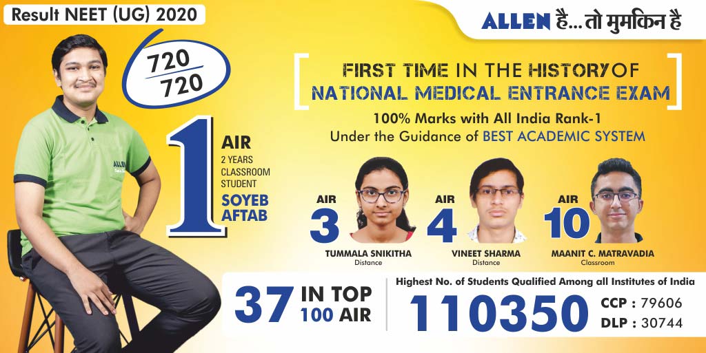 NEET 2020 Result 37 Students of ALLEN in NEET Top 100 along with All