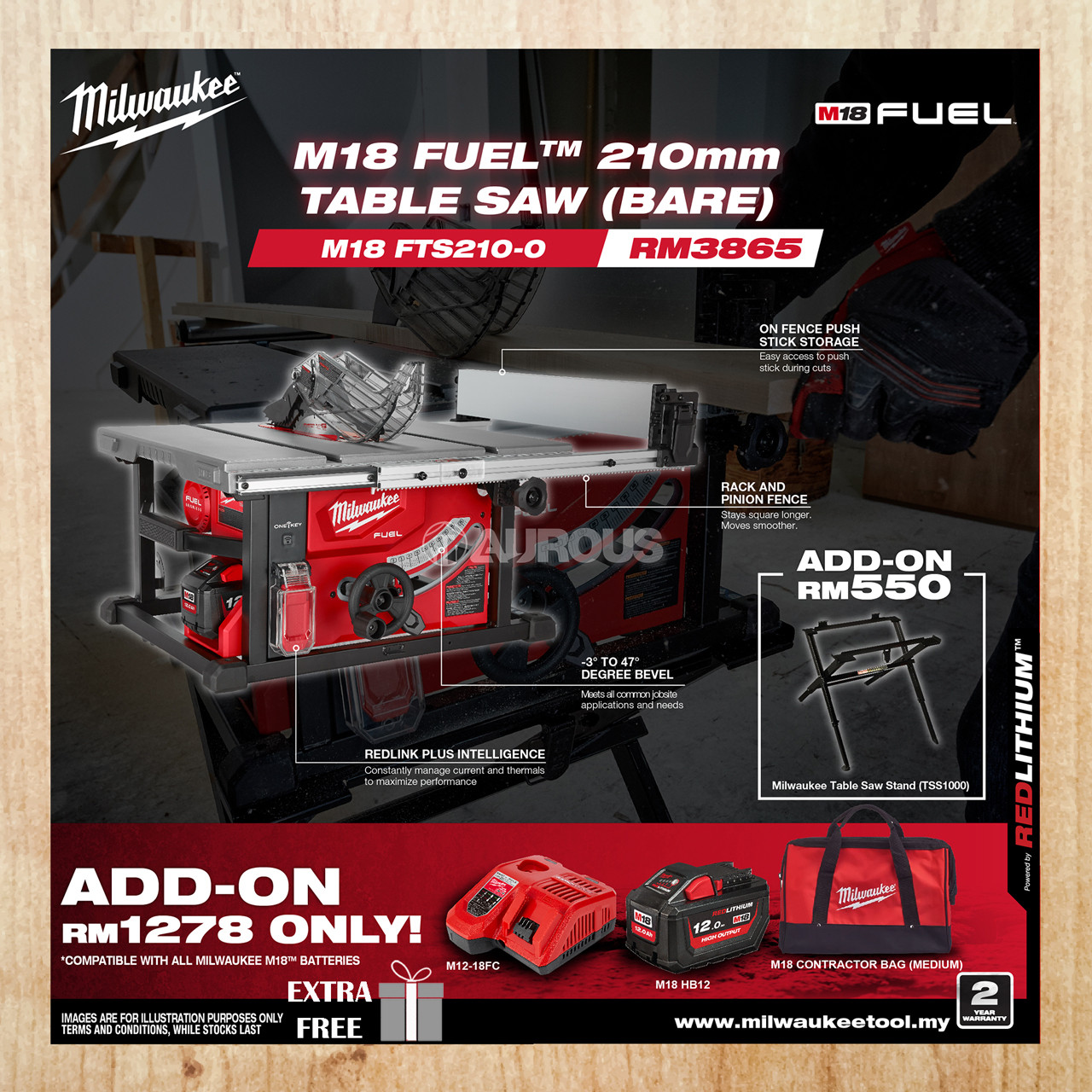 MILWAUKEE M18 FUEL 210MM TABLE SAW & TABLE SAW STAND M18 FTS2100 (BARE