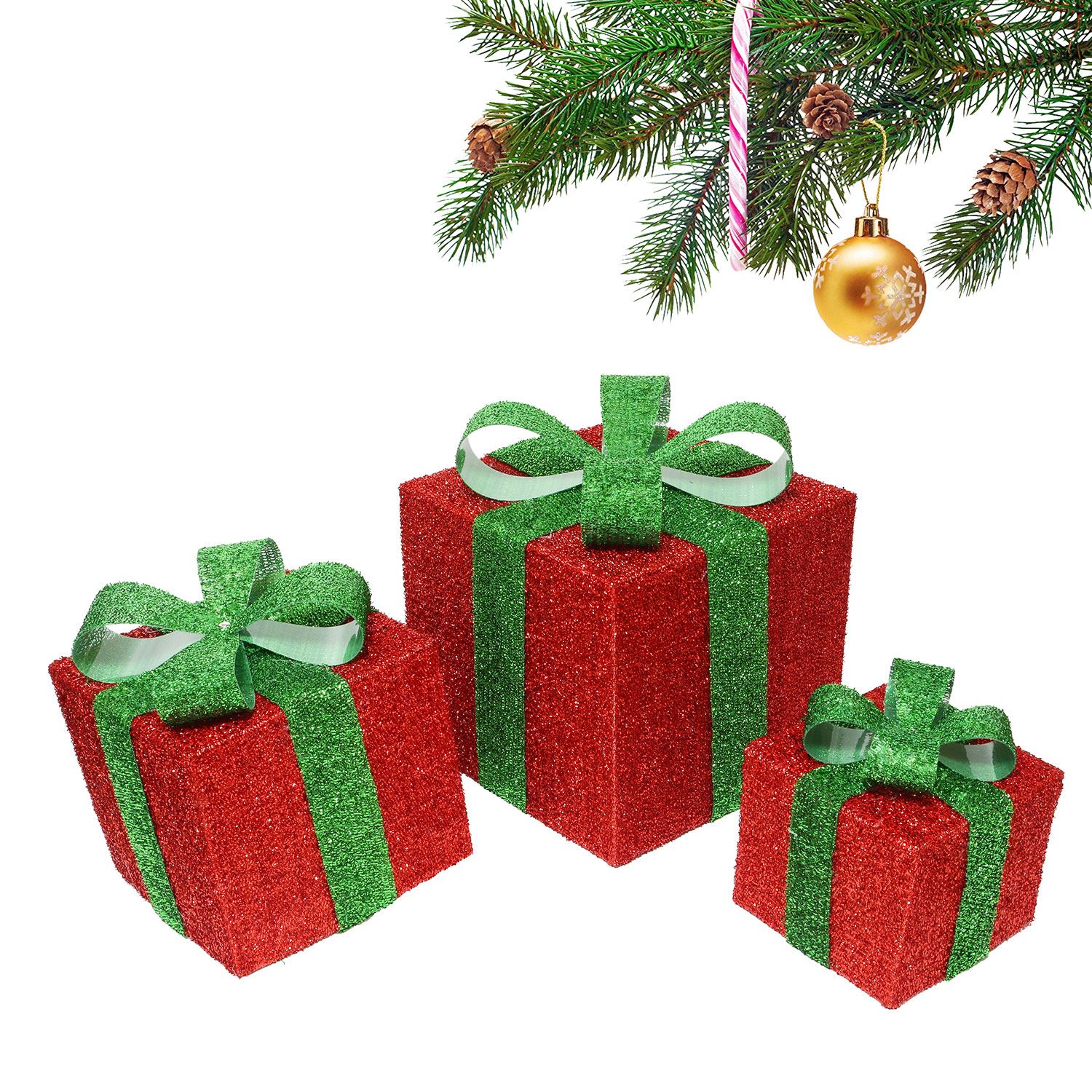SET OF 3 LED LIGHT UP FESTIVE XMAS CHRISTMAS GIFT PARCEL BOX SET