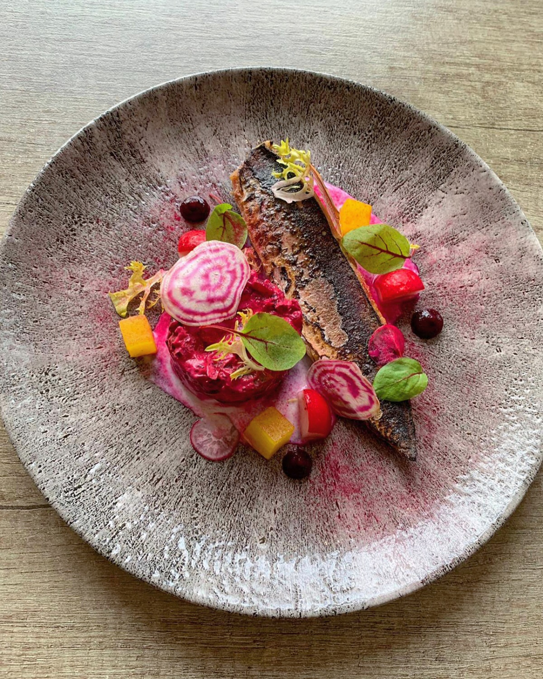 Mackerel, beetroot & horseradish potato salad, pickled radish