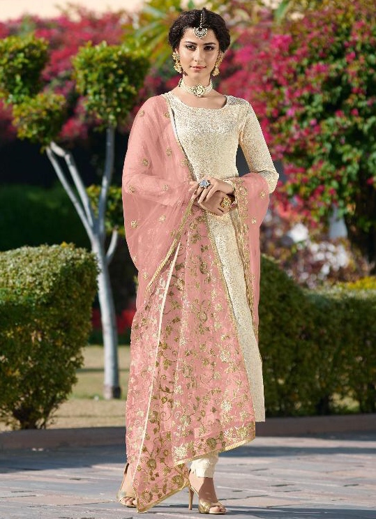 Cream Straight Cut Churidar Suit With Pink Dupatta Indian Designer