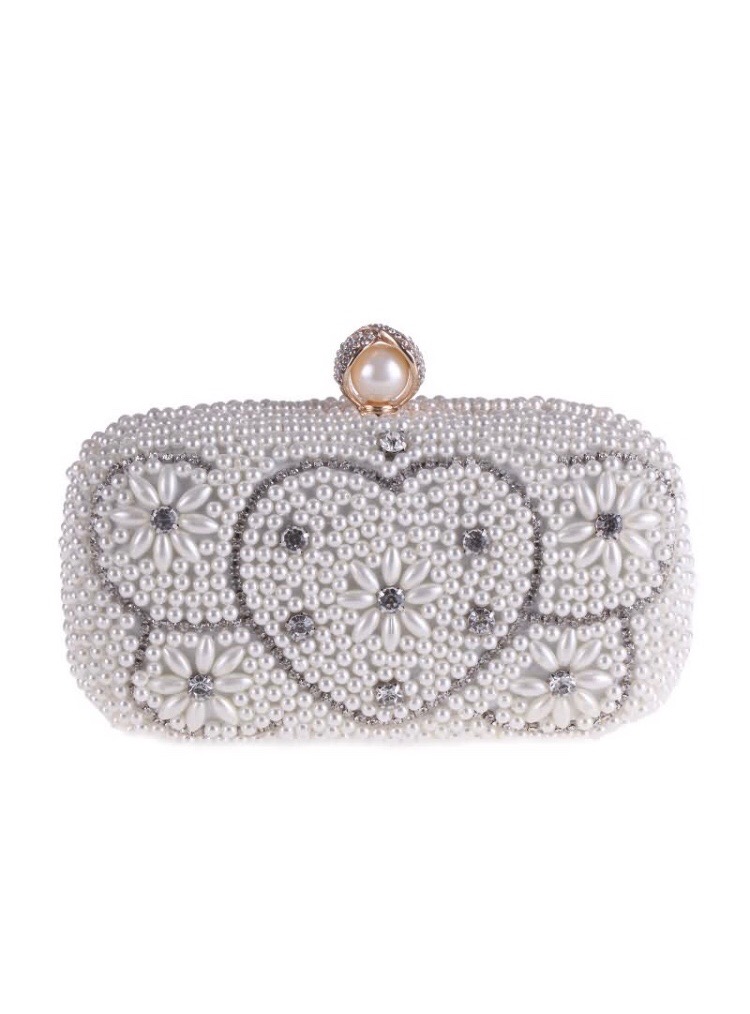White Heart Pearl Beaded Bridal Clutch Bag Clutches, Ready To Ship