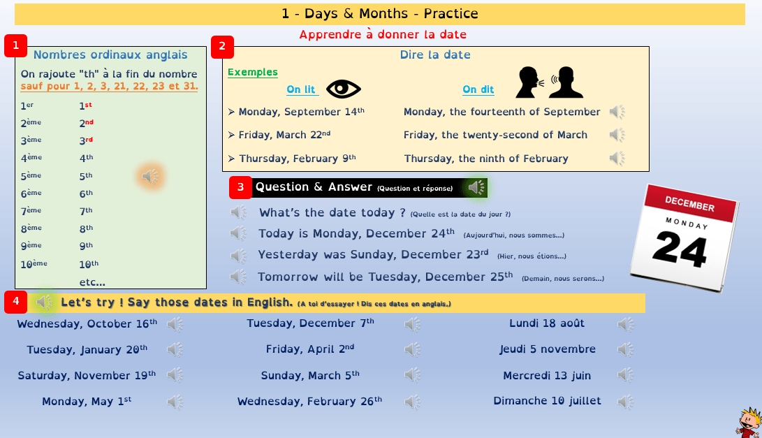 La date (jours & mois) Diaporamas audio Anglais CE2/Cycle 3 Anglais CE1, CE2, CM1, CM2