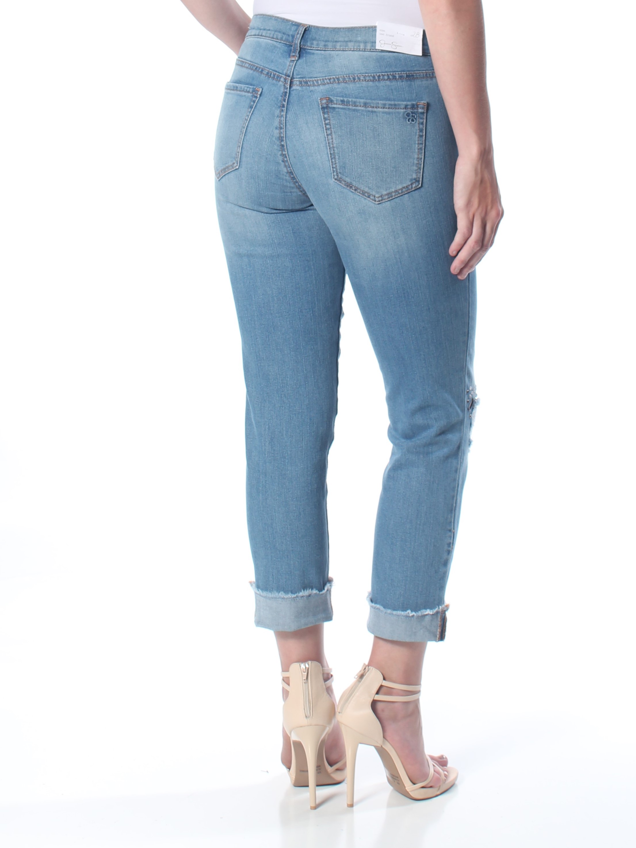JESSICA SIMPSON 89 Womens Blue Embellished Distressed Cuffed Jeans 28