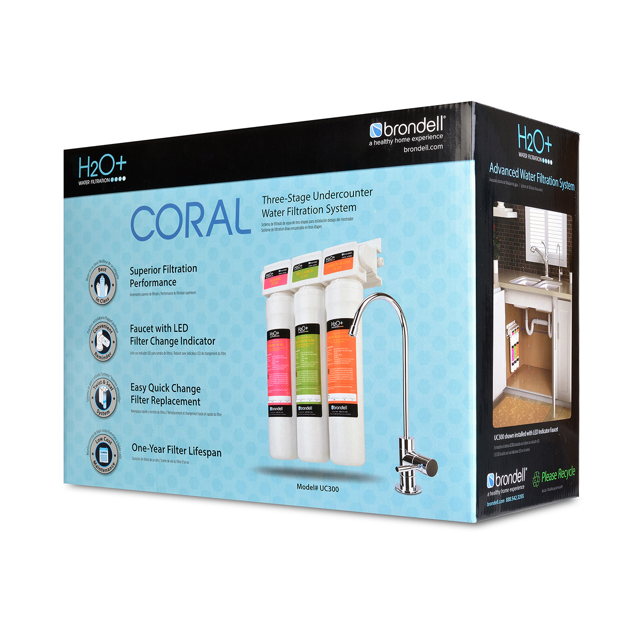 Brondell Coral UC30 3Stage Undercounter Water Filter System + Designer
