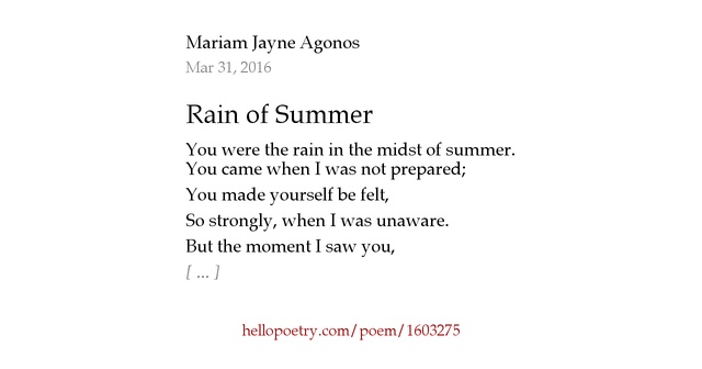 Rain of Summer by Mariam Jayne Agonos Hello Poetry