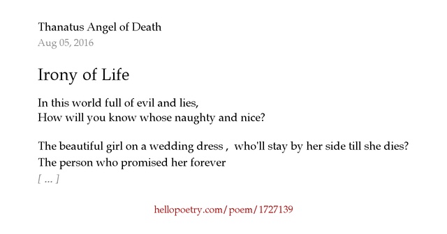 Irony of Life by Thanatus Angel of Death Hello Poetry
