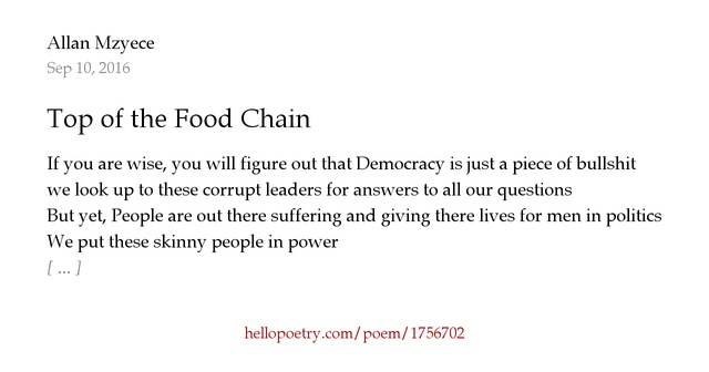 Top of the Food Chain by Allan Mzyece Hello Poetry
