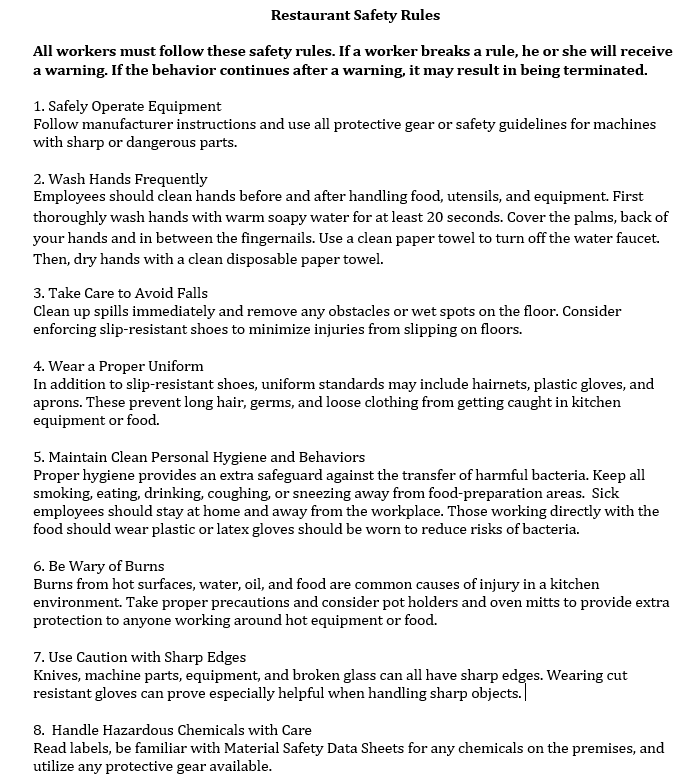 185/186 Restaurant Safety Rules