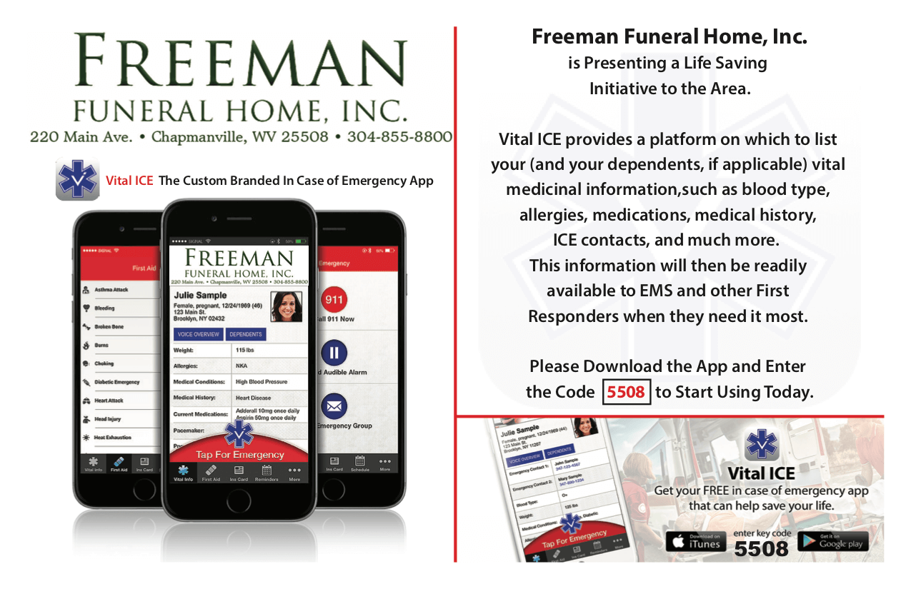 Vital ICE Freeman Funeral Home, Inc. Chapmanville WV funeral home
