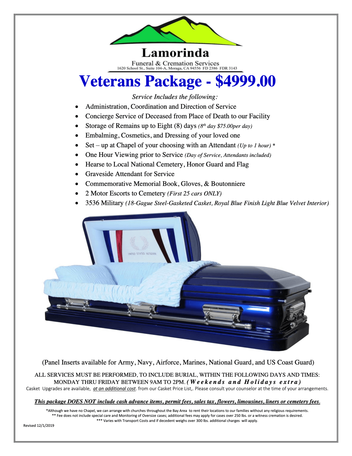 Veterans Package Lamorinda Funeral & Cremation Service moraga CA