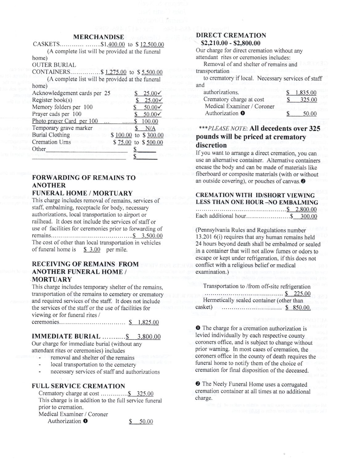 Price List Neely Funeral Home Glenshaw PA funeral home and cremation