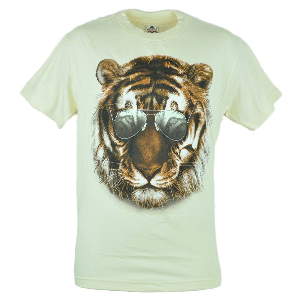 Aviator Tiger Shades Cool Animal Graphic Tshirt Tee Beige Men Adult