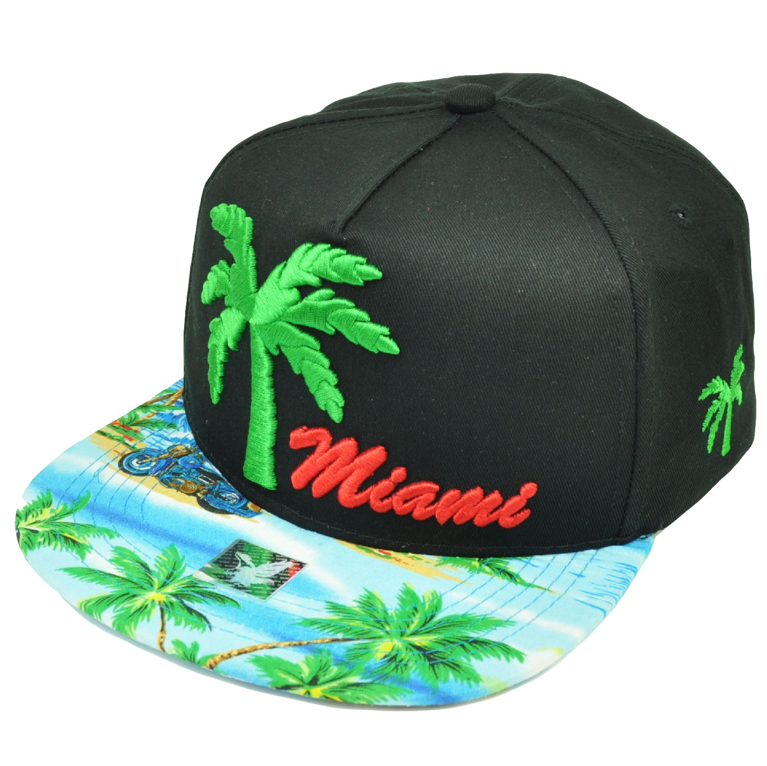 Miami Florida Sunshine State Palm Trees Black Beach Snapback Flat Bill