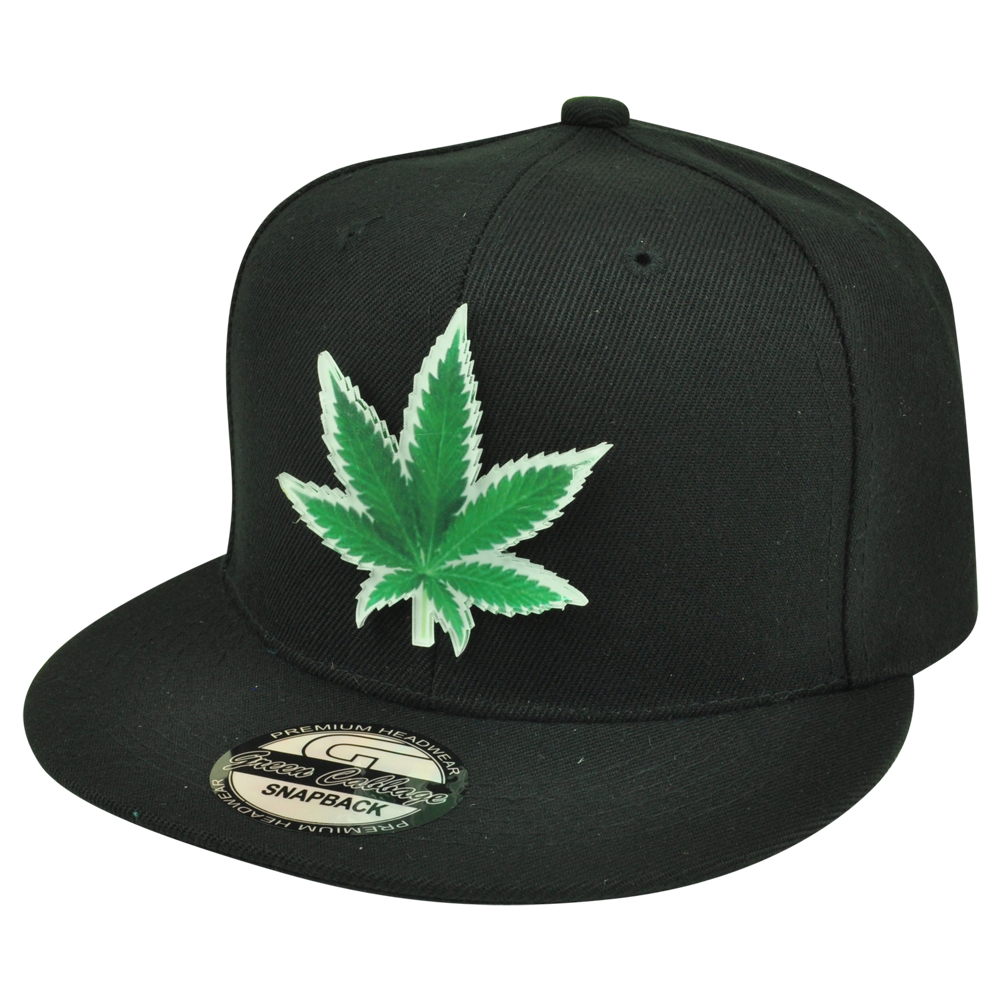 Marijuana Acrylic Weed Leaf Symbol Black Flat Bill Snapback Cannabis