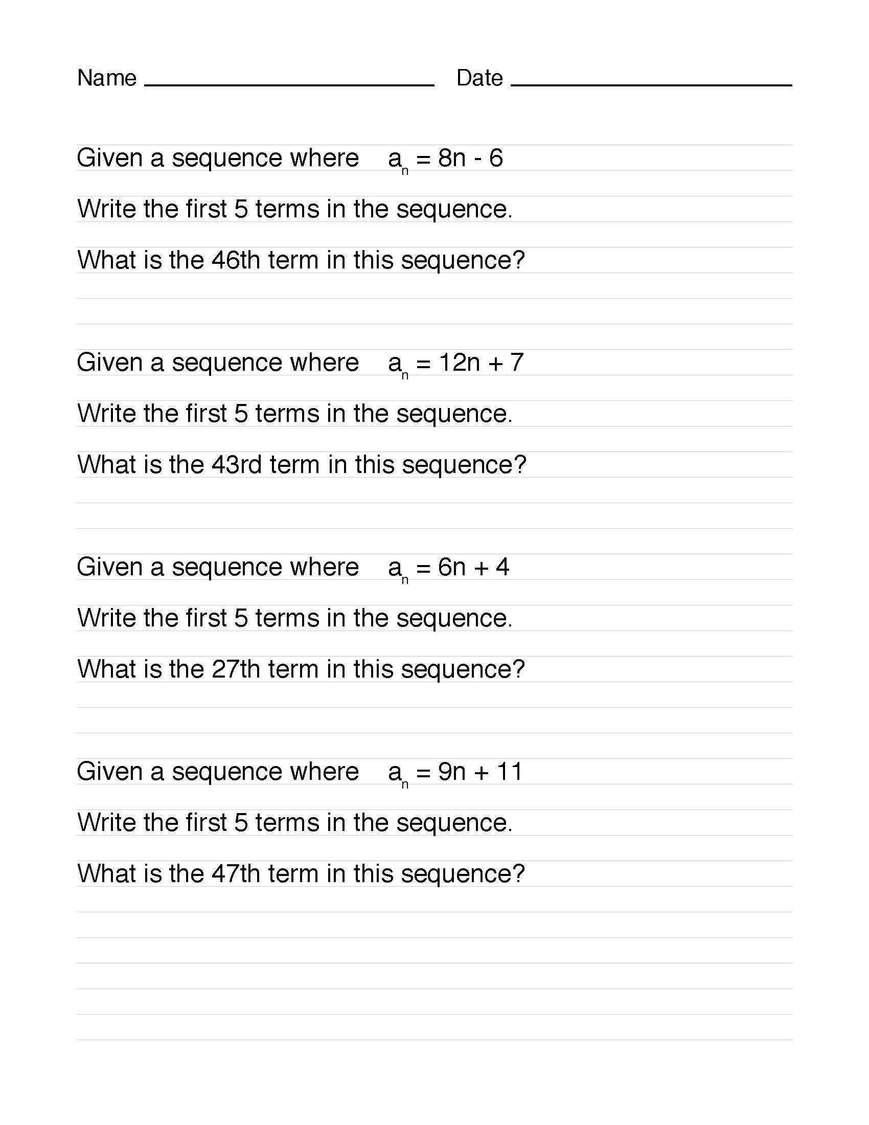 Math Worksheet Collection Explicit Formulas for Arithmetic Sequences Media4Math