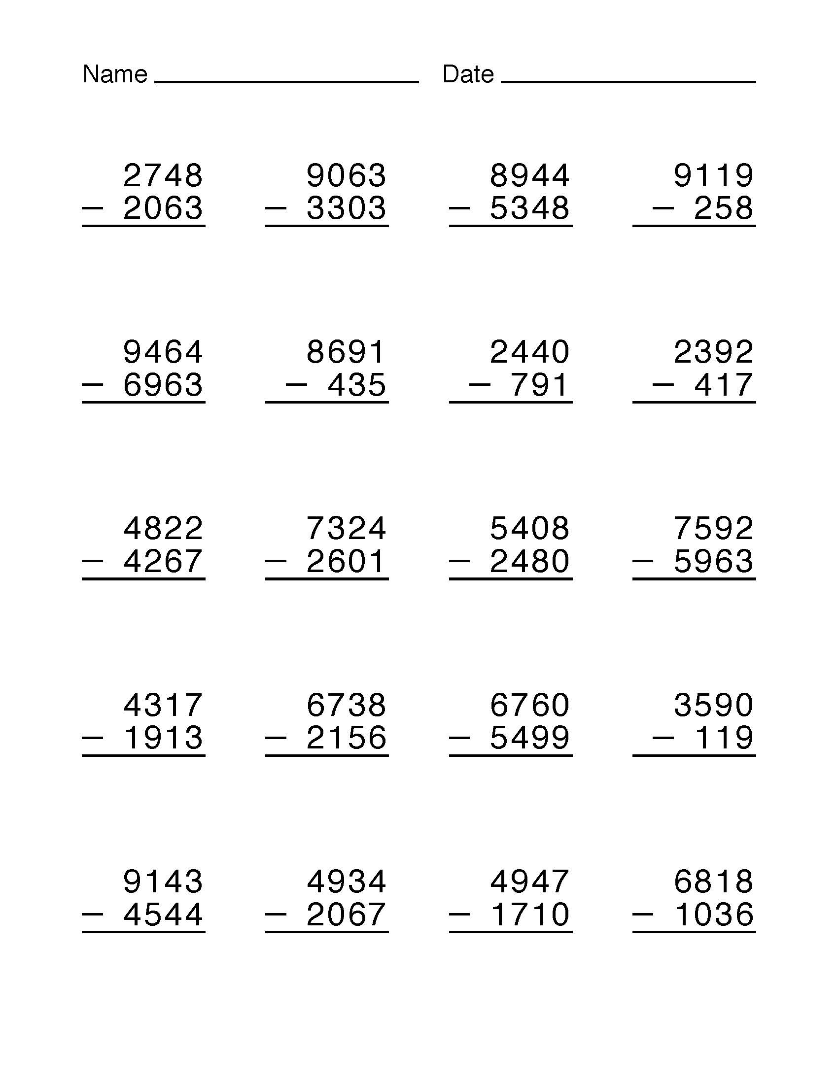 Math Worksheet Collection: Subtracting Four-Digit Numbers | Media4Math