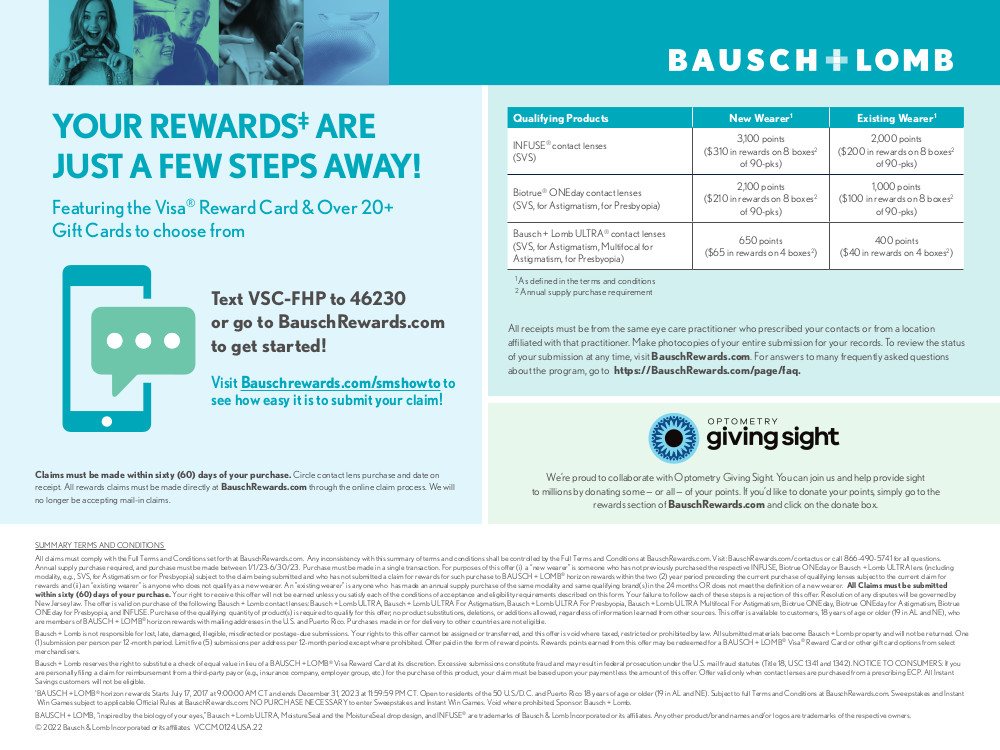 Receive up to 310 in rewards on Bausch + Lomb contact lens brands