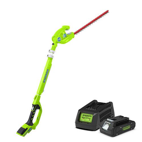 Greenworks 24V Cordless Long Reach Hedge Trimmer with Battery and