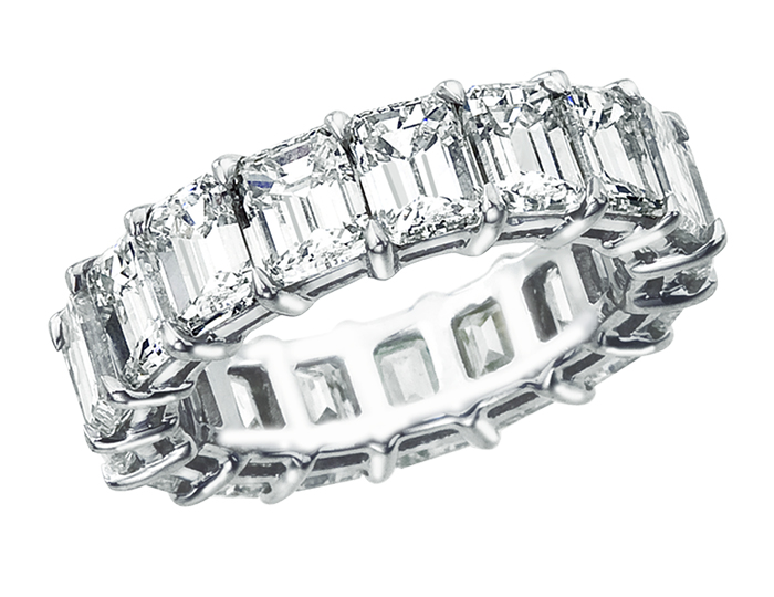 Emerald cut diamond eternity band in platinum. AHEE Jewelers