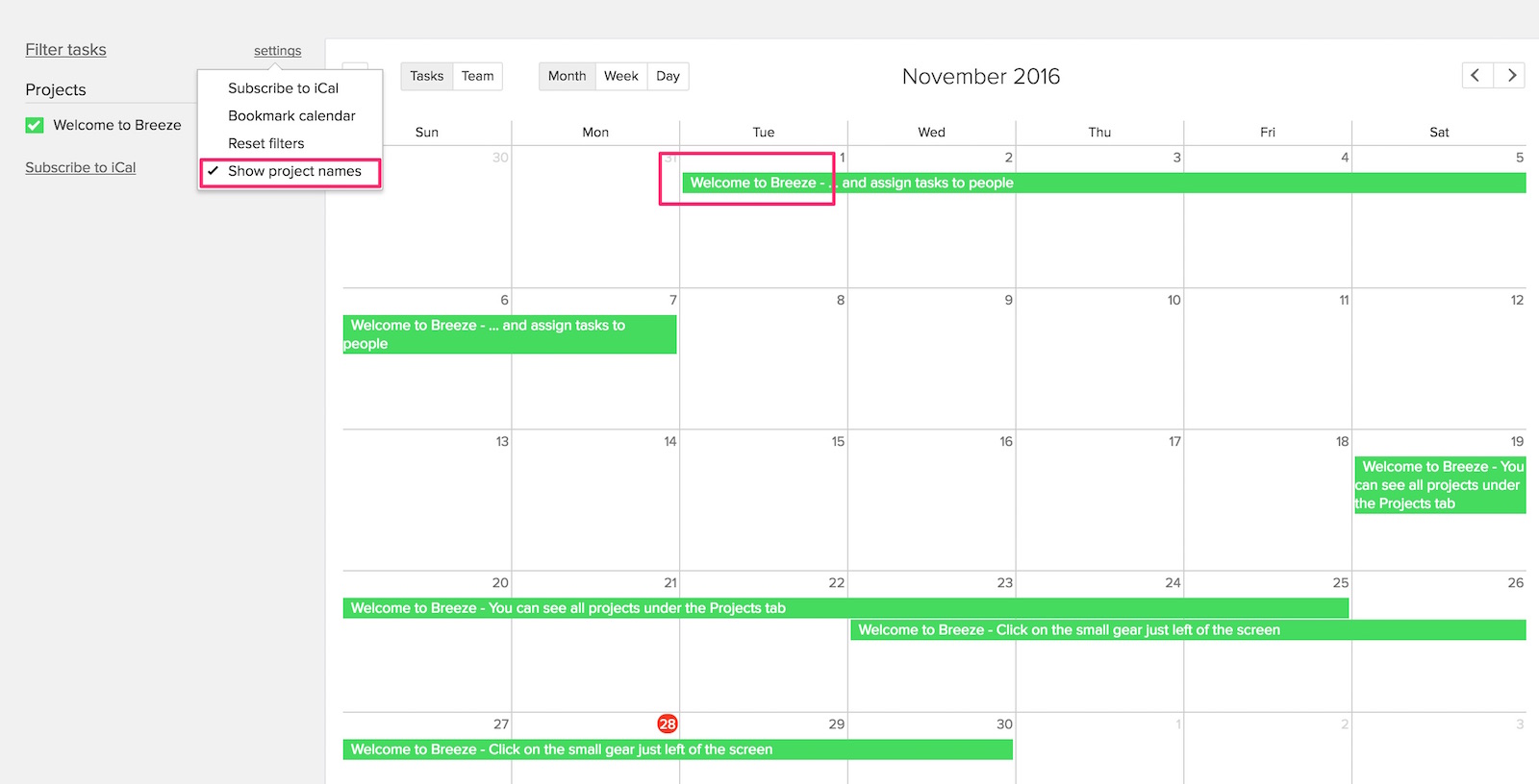 Hide task lists, add users to all projects, project names in calendar