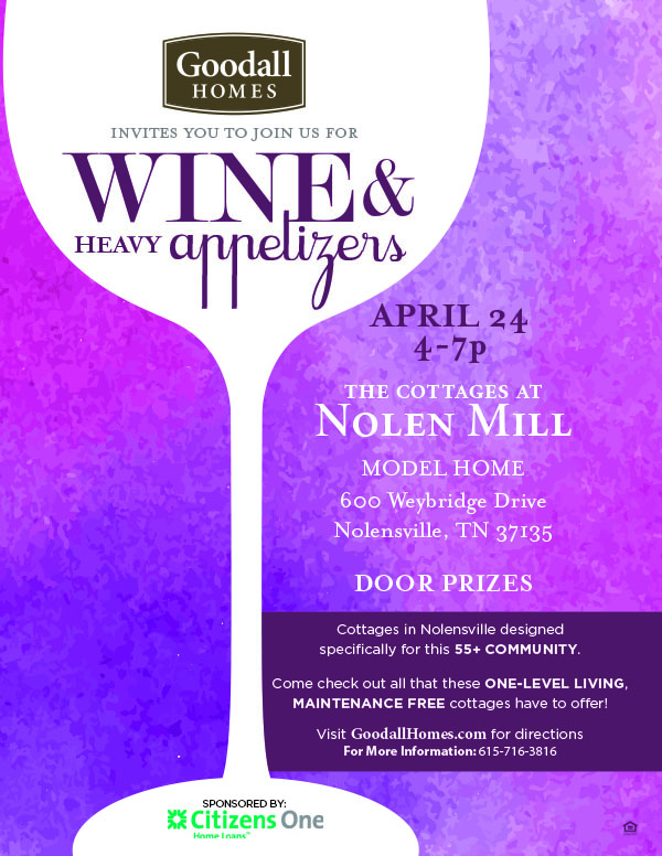 Join us for Wine & Heavy Appetizers The Cottages at Nolen Mill