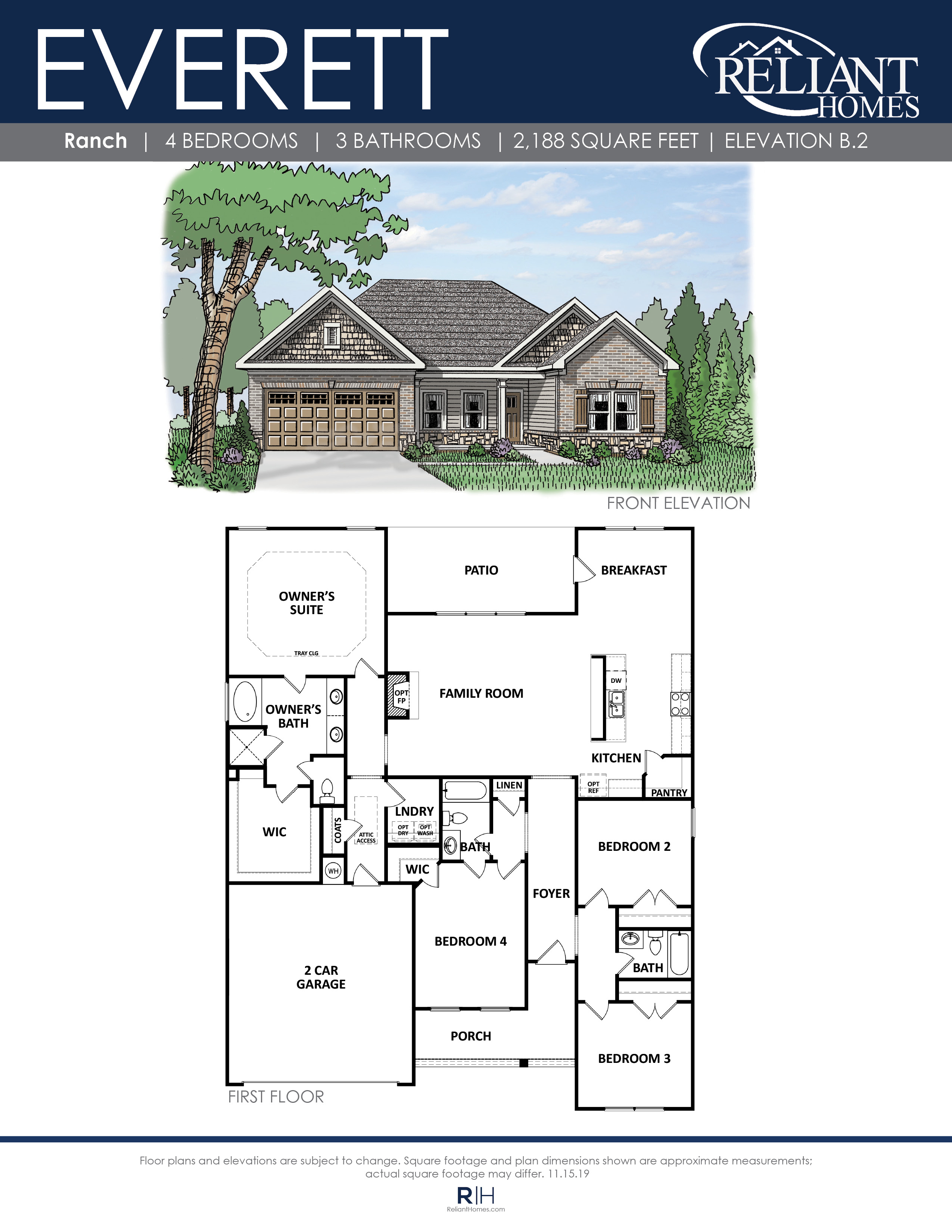 The Everett Front Entry Floor Plan Reliant Homes