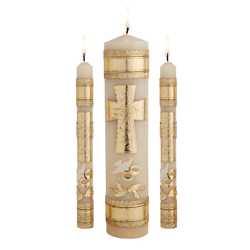 Cross & Rings Wedding Unity Candle Set, Church Supplies Autom