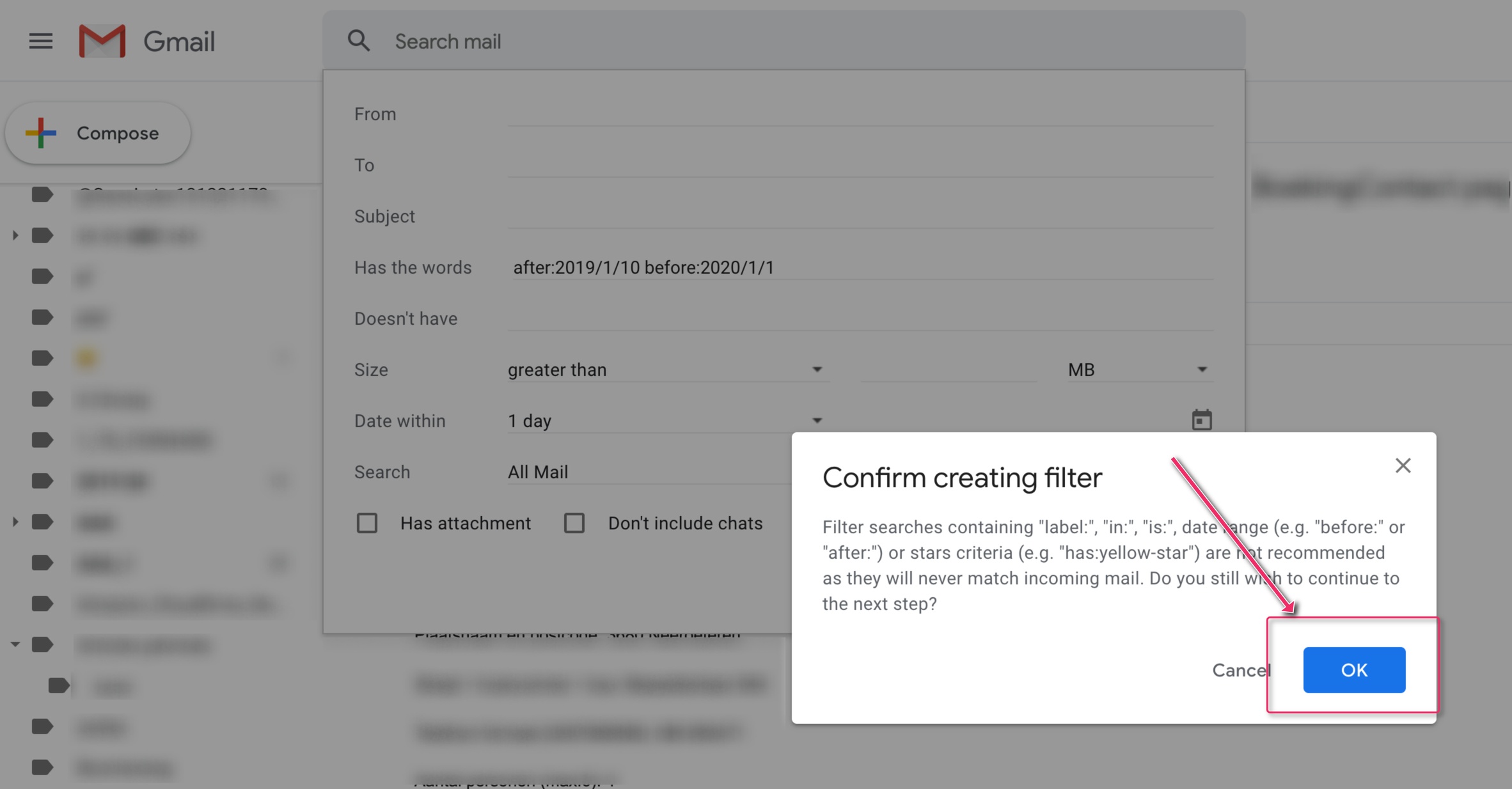 How to create a Gmail label with email messages in certain date range