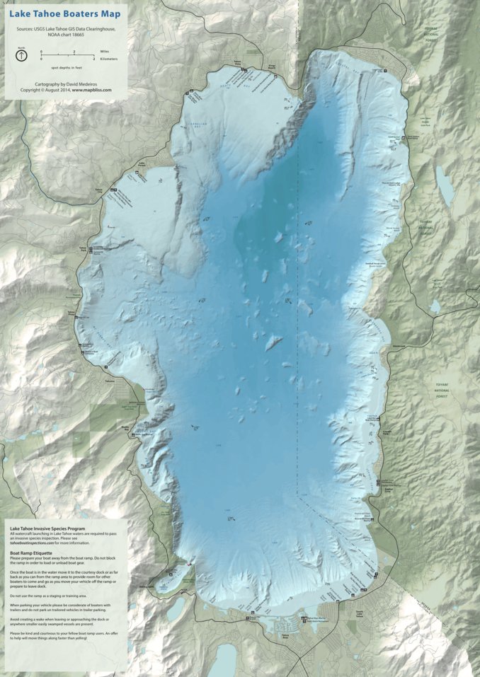 Lake Tahoe Bathymetric Map Lake Tahoe Boaters Map - Medeiros Cartography - Mapbliss.com - Avenza Maps