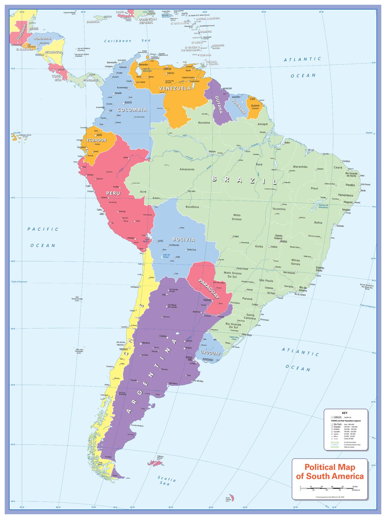 South America Blind Map Cosmographics, Colour blind friendly Political Wall Map of South