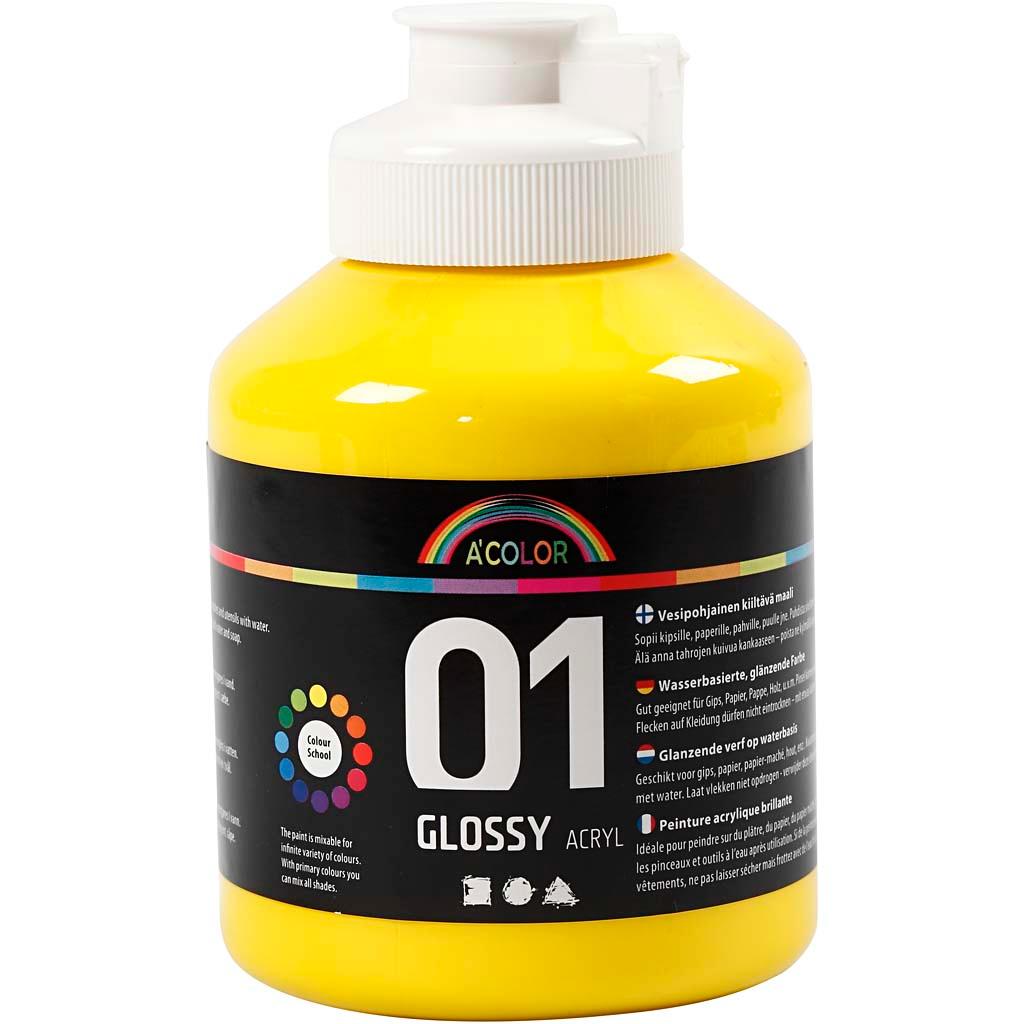 Acolor Glossy Acrylic Paint, Primary Yellow, 01 Glossy, 500 ml
