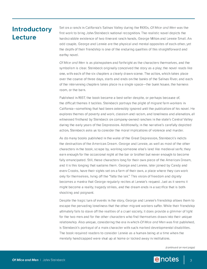 Of Mice and Men eNotes Lesson Plan eNotes lesson