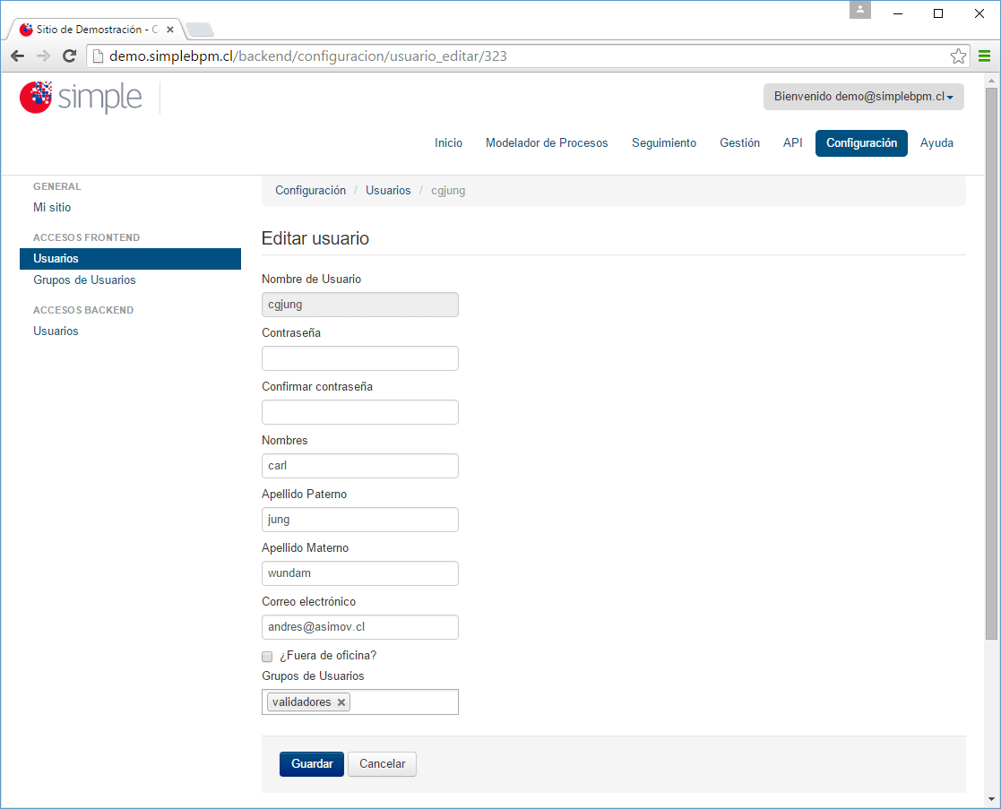 Interfaz del Administrador (BackEnd) simpleBPM