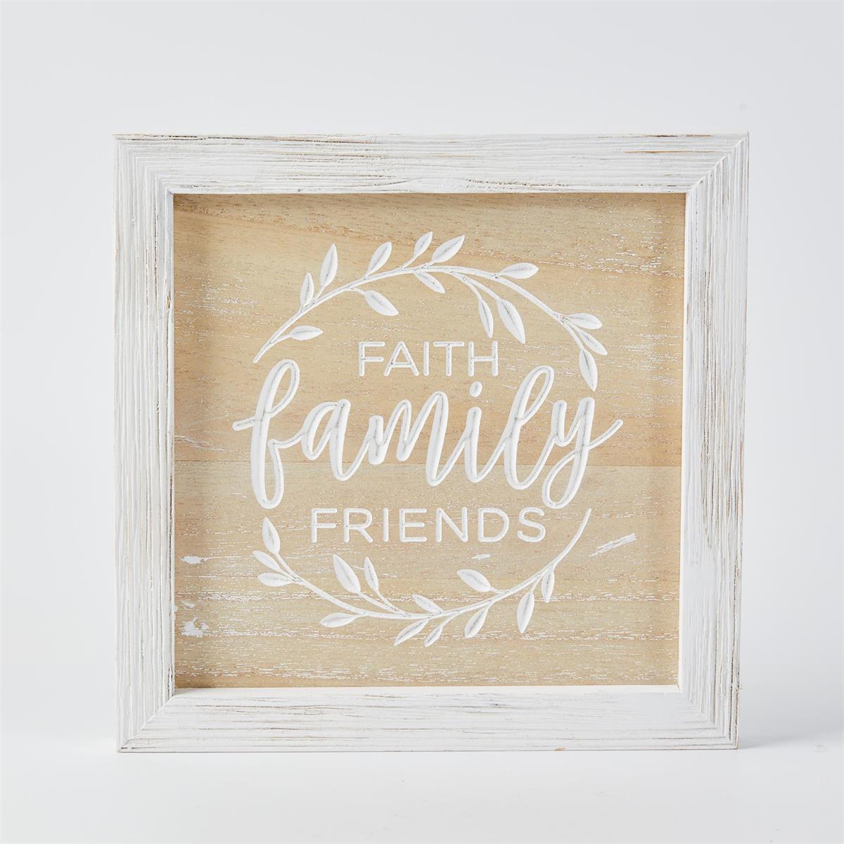 Carved Wooden Wall Sign, 8"x9", Faith, Family, Friends