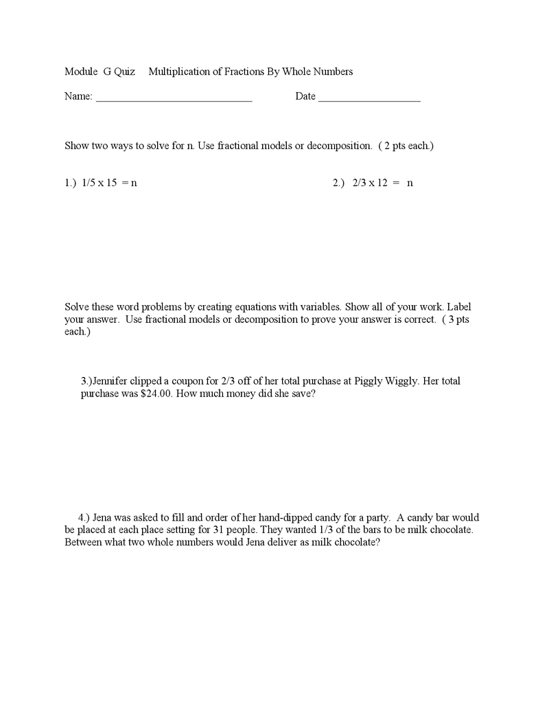 Fourth grade Lesson Quiz Word Problems and Multiplying Fractions by