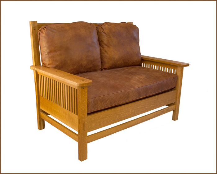 Craftsman white oak settee with distressed leather cushions