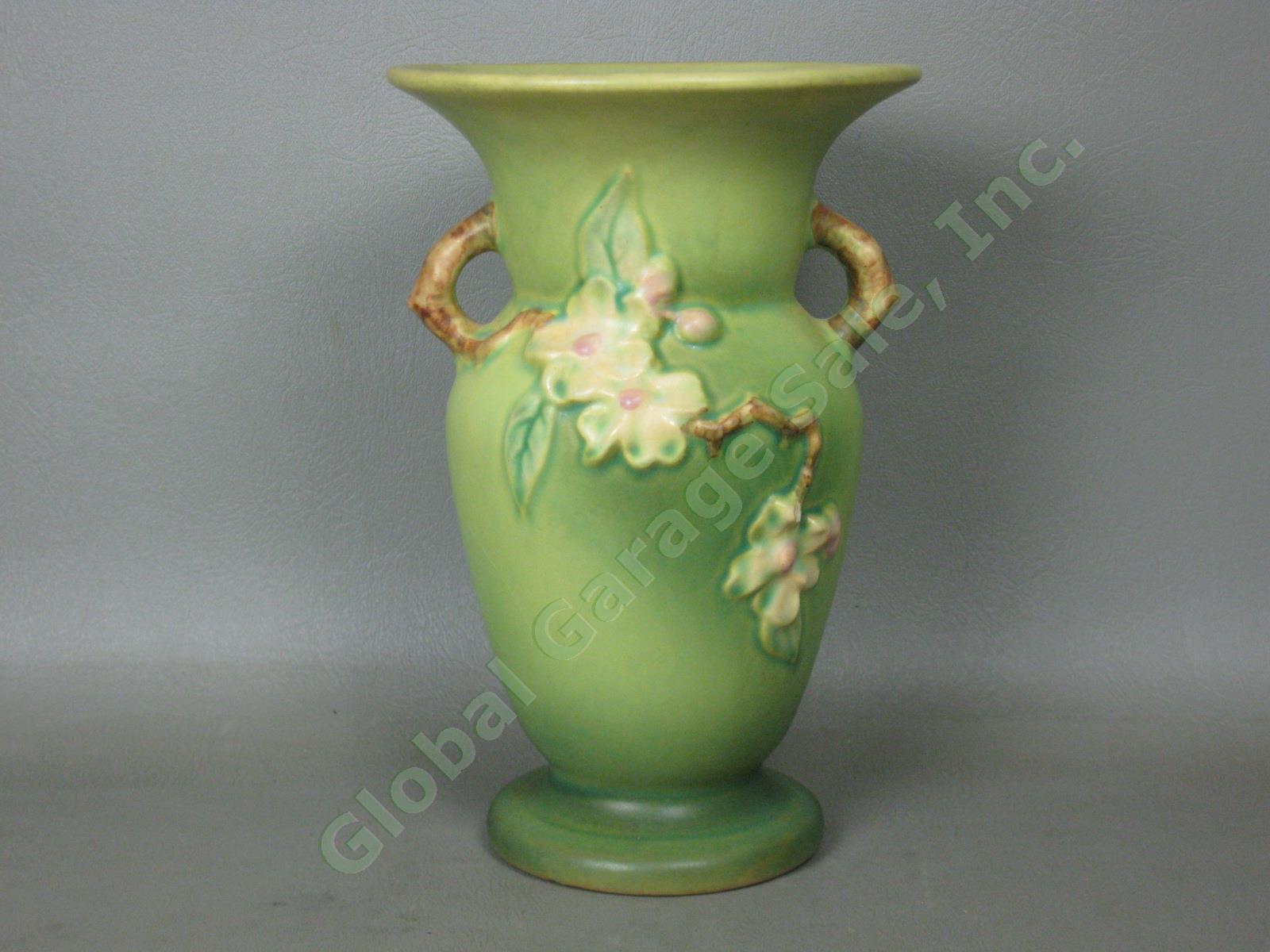 Vintage Roseville Pottery Double Handled Green Apple Blossom Vase 3858