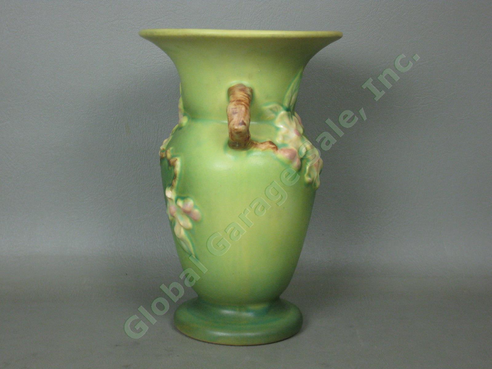Vintage Roseville Pottery Double Handled Green Apple Blossom Vase 3858