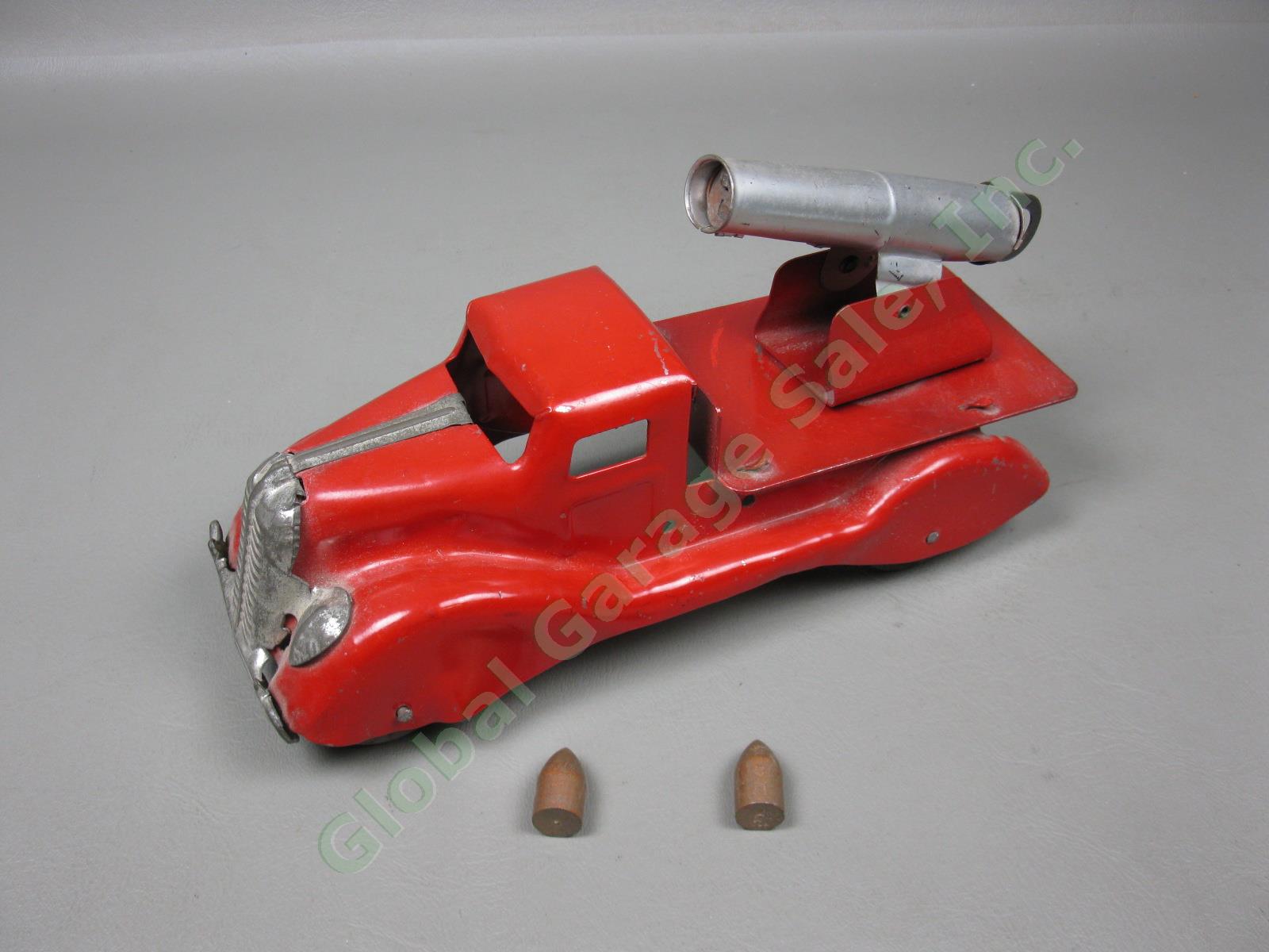 Vtg 1930s Red Marx Pressed Steel Tin Toy Truck W/ Missile Rocket