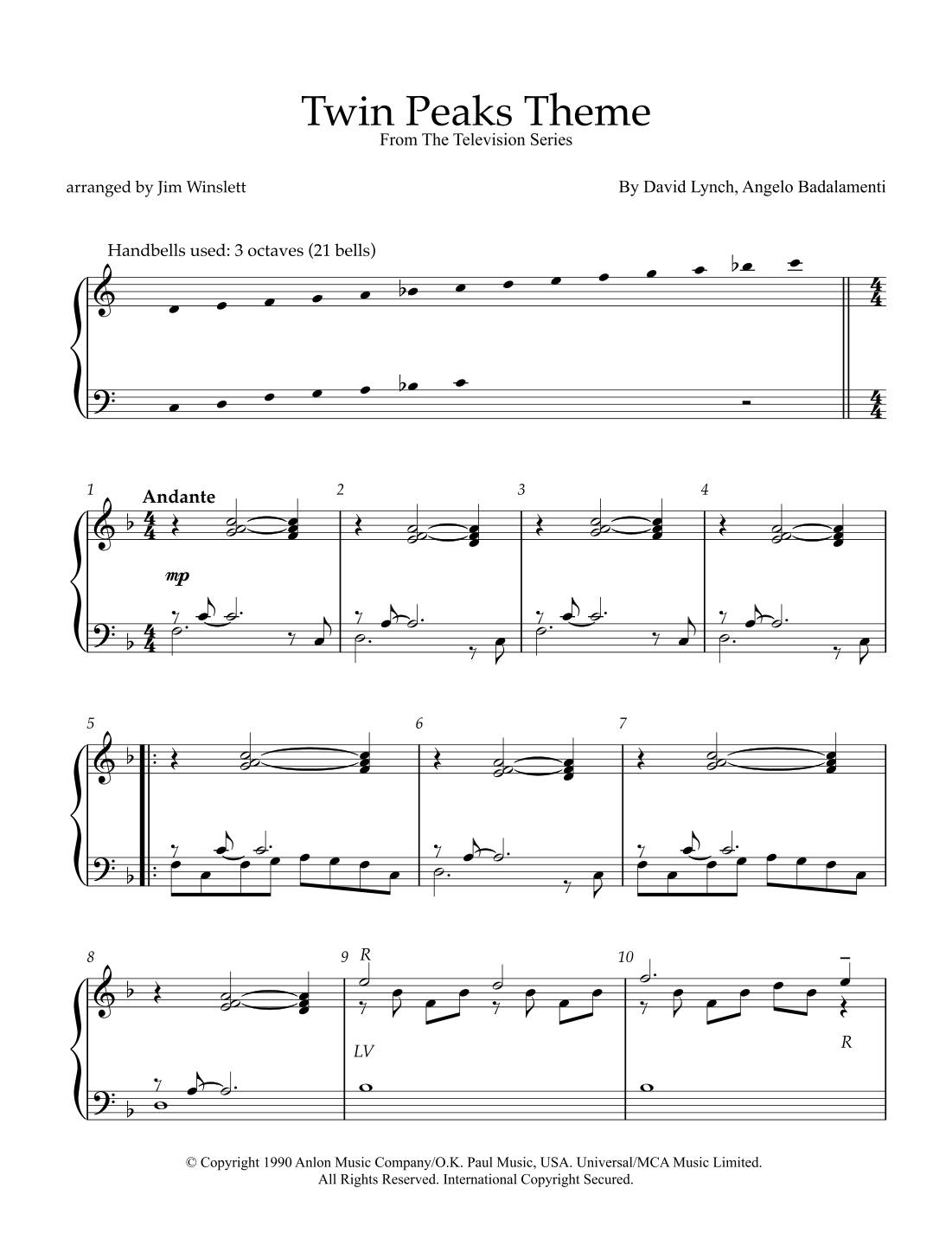 Twin Peaks Theme (arr. Jim Winslett) by Badalamenti Angelo Sheet Music