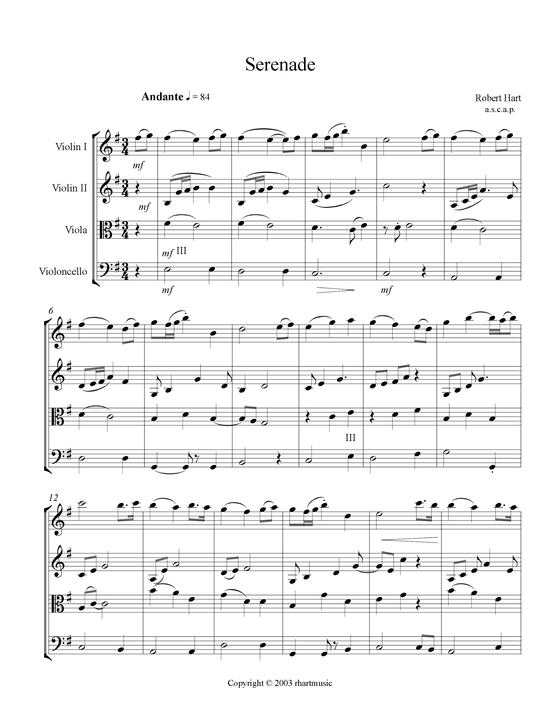 Serenade Sheet Music Robert Hart String Quartet