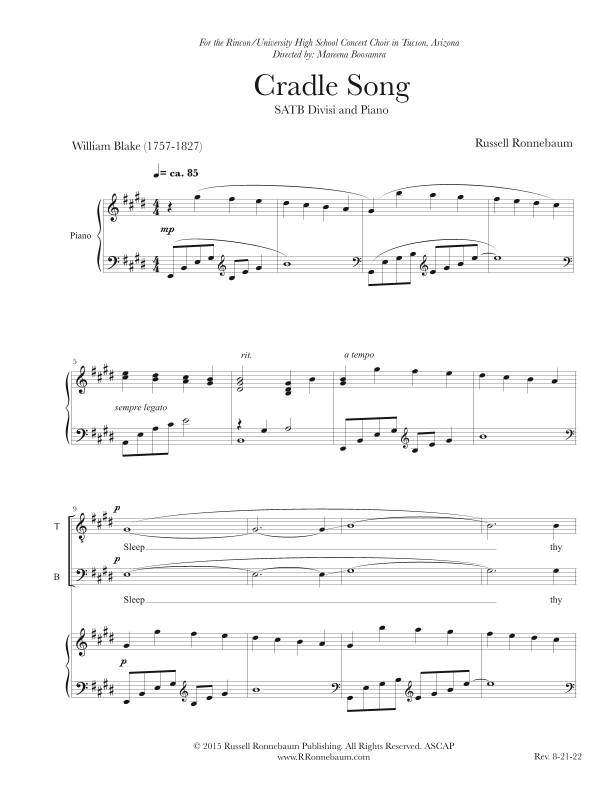 Cradle Song (SATB + Piano) Sheet Music Russell Ronnebaum SATB Choir