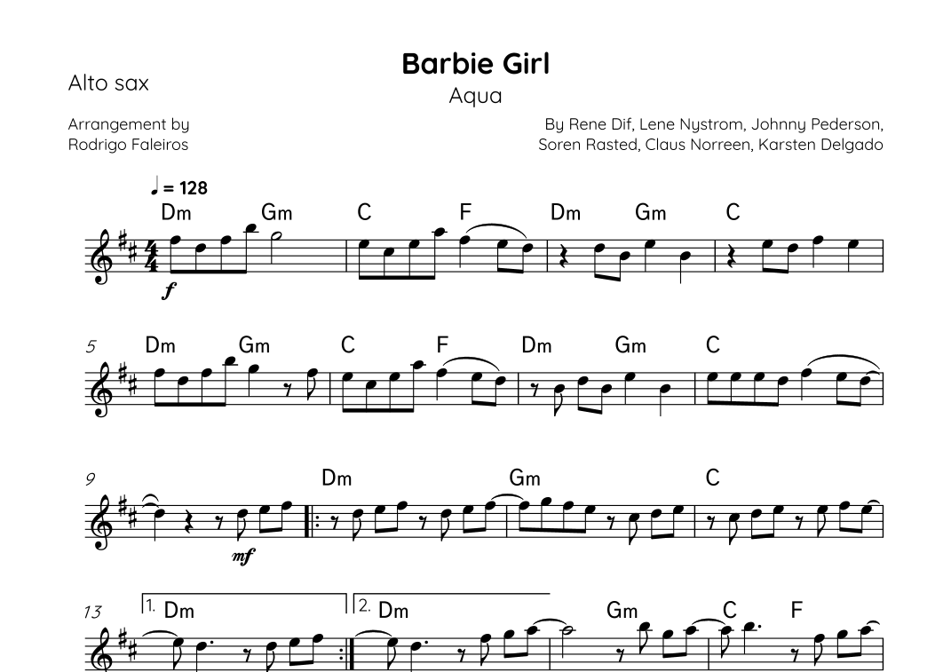 Barbie Girl (arr. Rodrigo Faleiros) by Aqua Sheet Music for Alto Sax